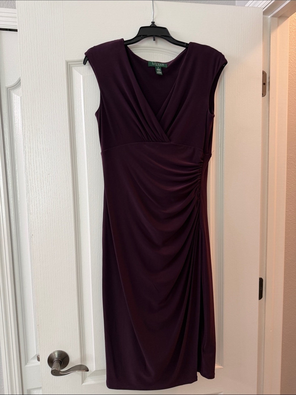 Lauren Ralph Lauren Deep Plum Ruched V-Neck Midi Dress